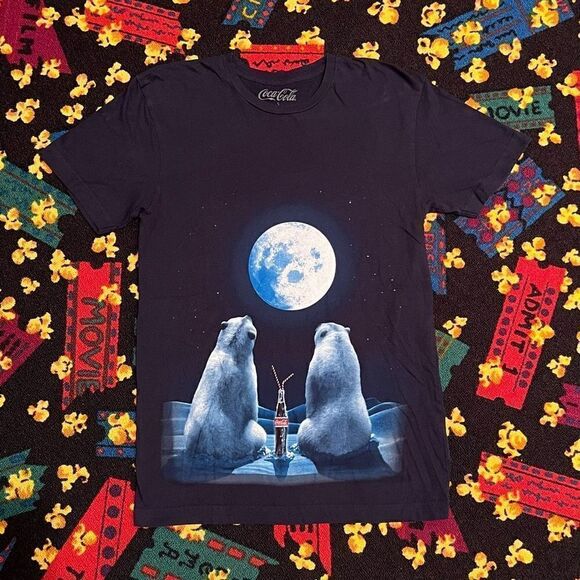 Vintage Coca-Cola Polar Bears On A Full Moon Graphic Tee Shirt / Size S - Picture 1 of 4